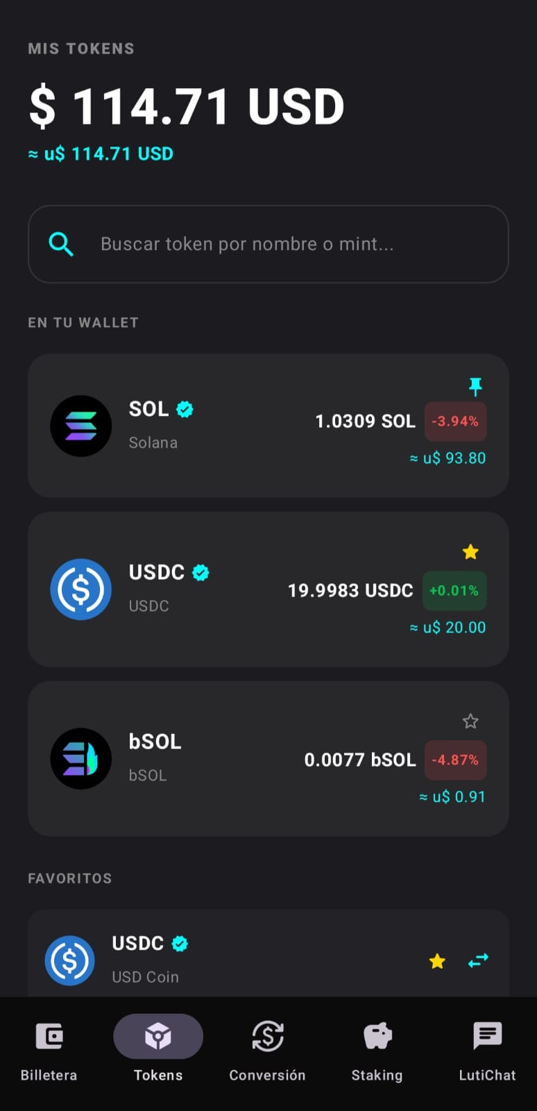 Mis tokens en LutiWallet