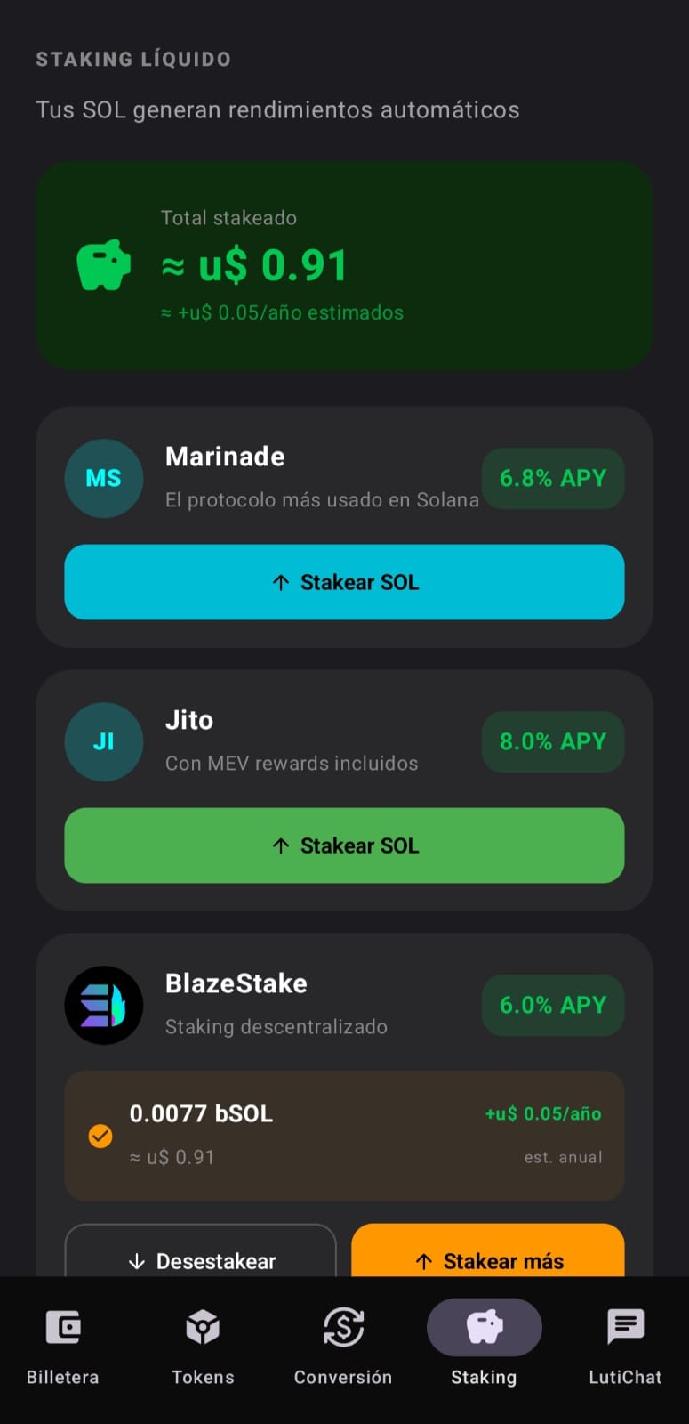 Pestaña Staking LutiWallet
