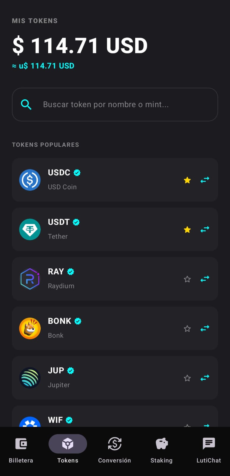 Tokens populares en LutiWallet